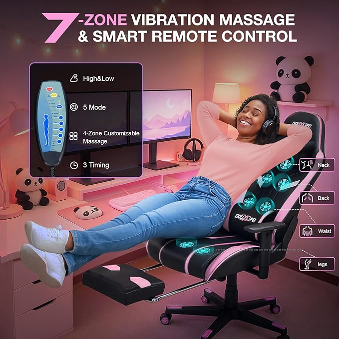 Douxlife 7-Point Massage Gaming Chair, 175° Gaming Recliner with Footrest Ergonomic Computer Office Chair High Back Video Game Chair with Lumbar Support, Upgraded Version, Black and Pink
