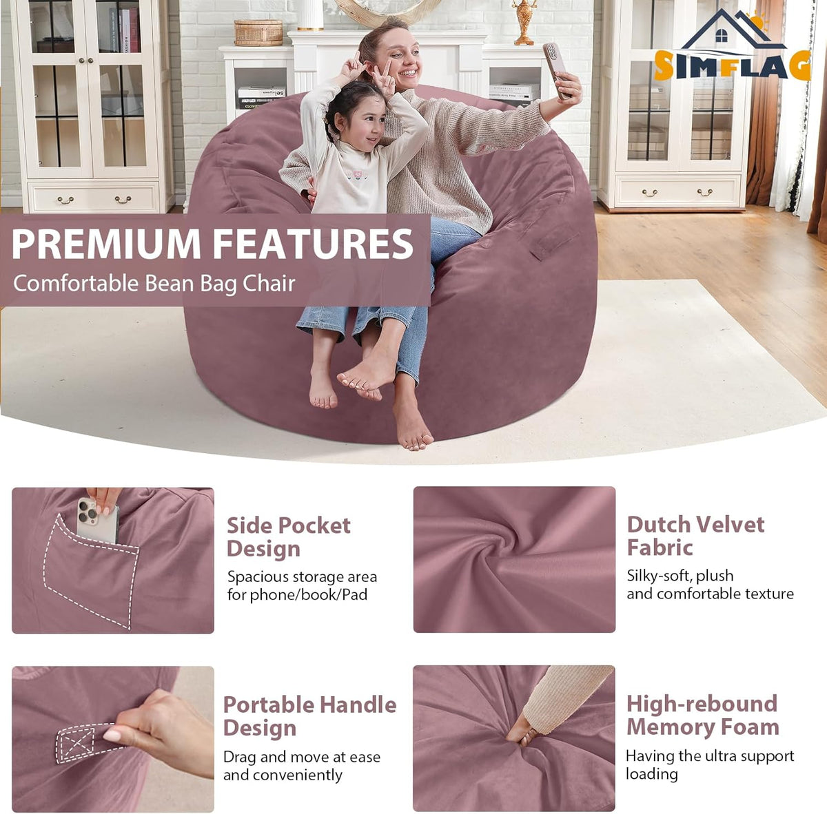 3FT Bean Bag Chair, Comfy Bean Bag Chairs with Memory Foam Filled, Fluffy Beanbag Sofa with Dutch Velvet Cover, Round BeanBag Chairs for Living Room, Playroom - Dusty Pink