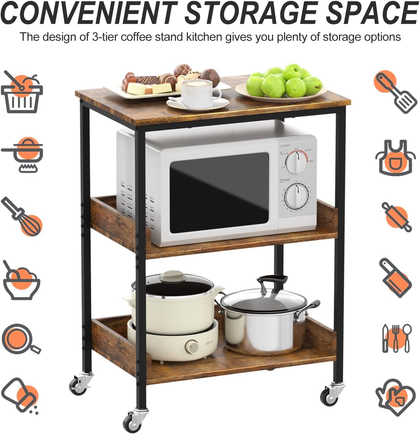 Kitchen Microwave Cart, 3 Tier Rolling Utility Cart on Wheels Coffee Cart, Storage Islands for Living and Kitchen Room