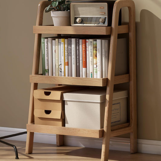 100% Solid Oak 3 Tier Ladder Shelf for Saving Space, Tall Nightstand with Stable Frame for Bedroom, Small Side Table for Living Room Office(Natural, 13.4" L x 25.6" W x 36.2" H)