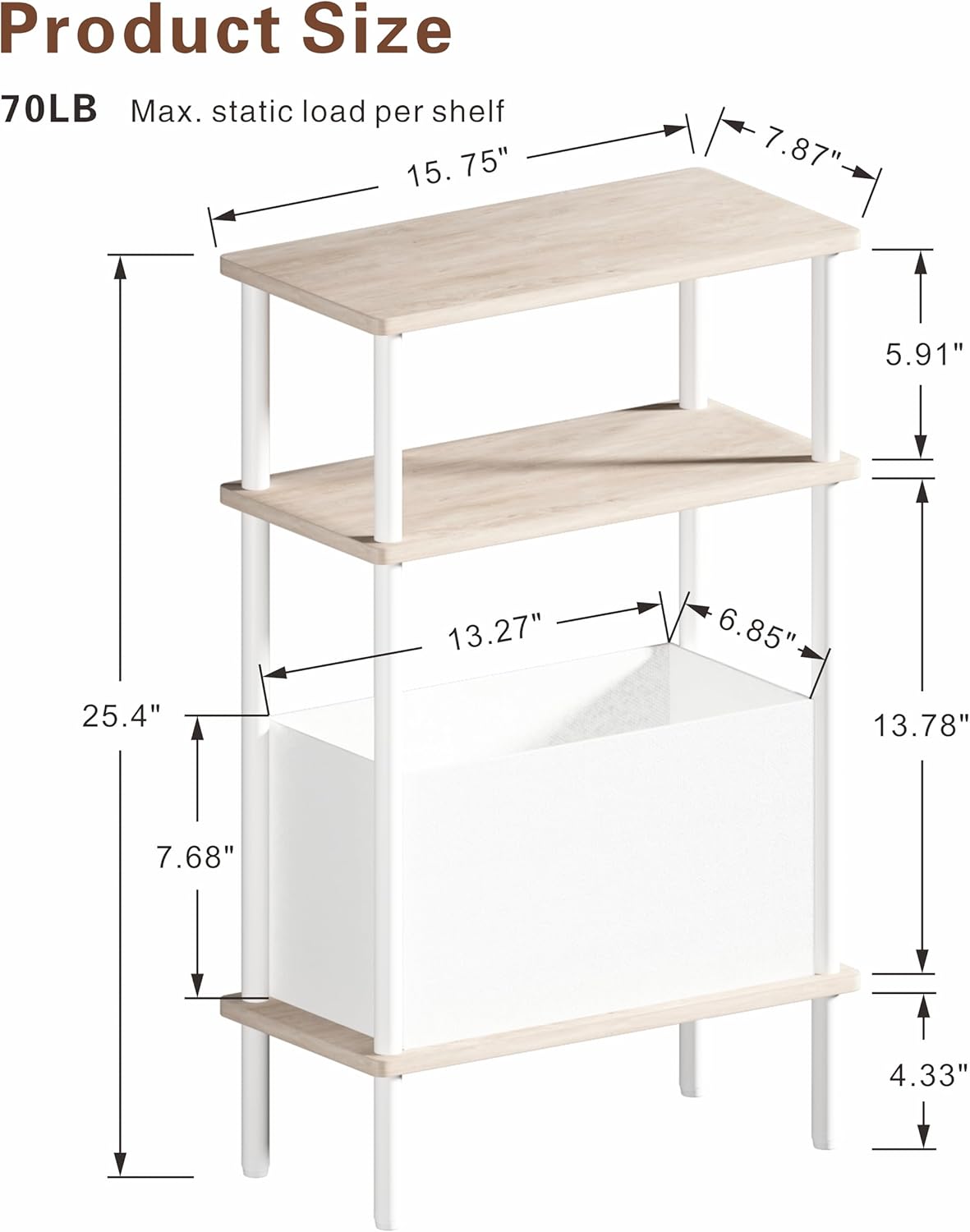 Narrow Side Table with Fabric Basket, Set of 2 End Table for Small Spaces, Slim Nightstand with 3-Tier Storage Shelf, Sofa Beside Table, for Living Room, Bed Room, Natrual Oak