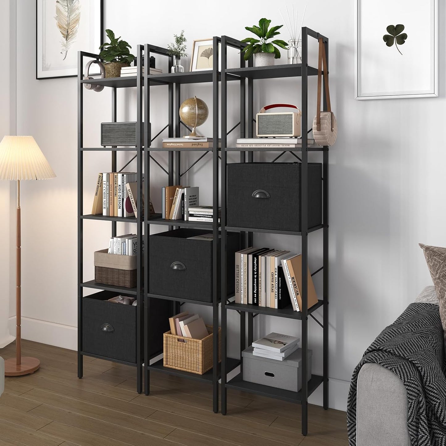 Generic 5 Tier Bookshelves,Tall Narrow Bookcases with Shelves, Bookcase Storage Organizer,Industrial Bookshelf with Drawer,Display Shelves Bookcases for Living Room, Bedroom,Kitchen and Office,Black