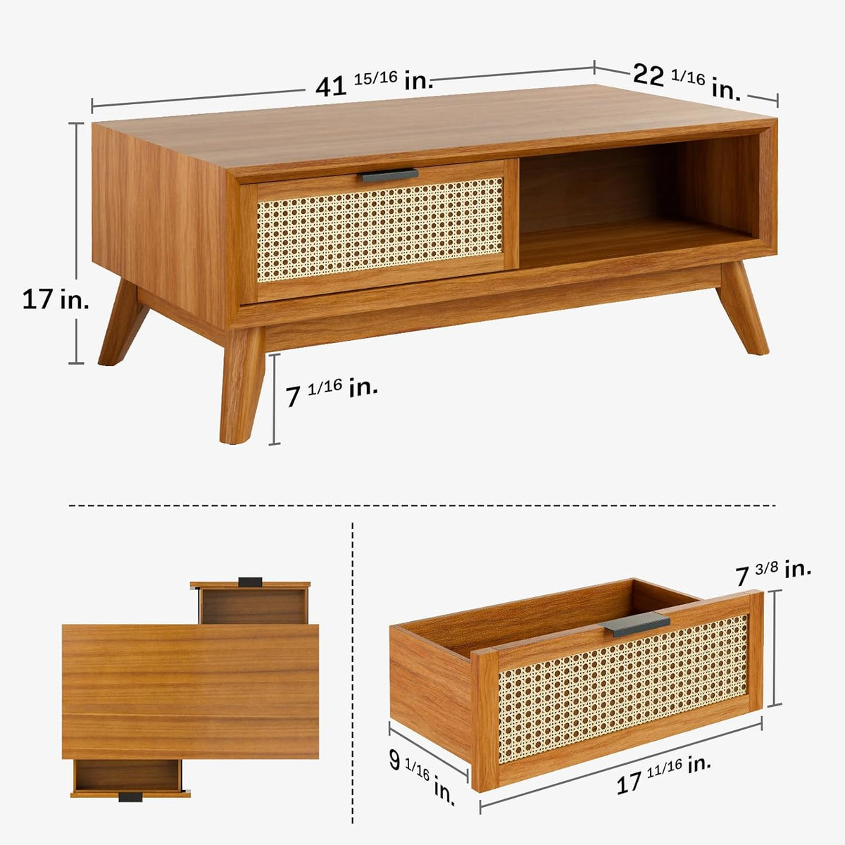 Bme Solid Wood Jasper Coffee Table with Storage, Accent Rattan Design, Good Choice for Living Room, Dark Chocolate