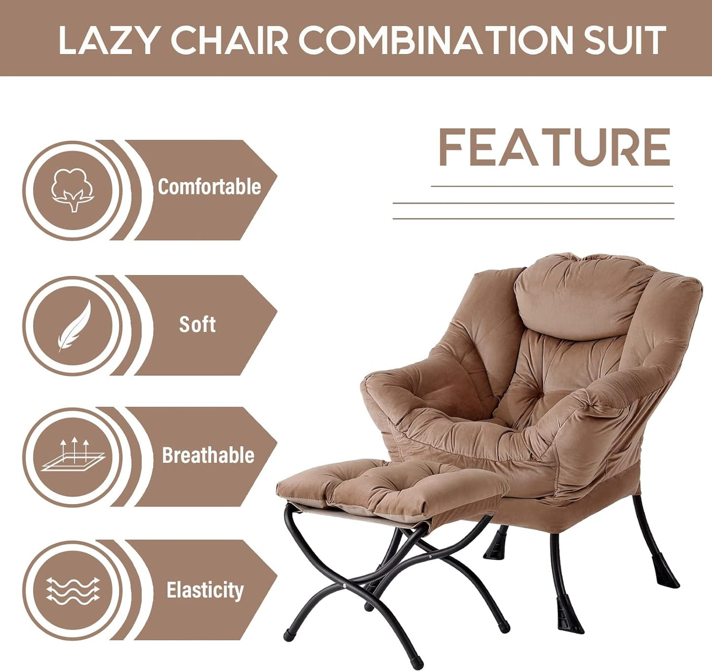LITA Velvet Dark Brown Contemporary Accent Leisure Upholstered Sofa Chair with Ottoman, Modern Lounge Reading Chair for Living Room, Bedroom & Small Space