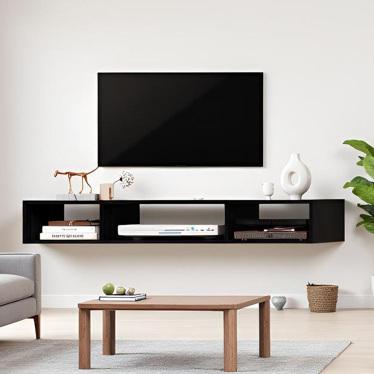 55" Floating TV Stand Modern Floating TV Console Wall Mounted Entertainment Center with Open Storage Cabinet Storage for Living Room Bedroom, Black