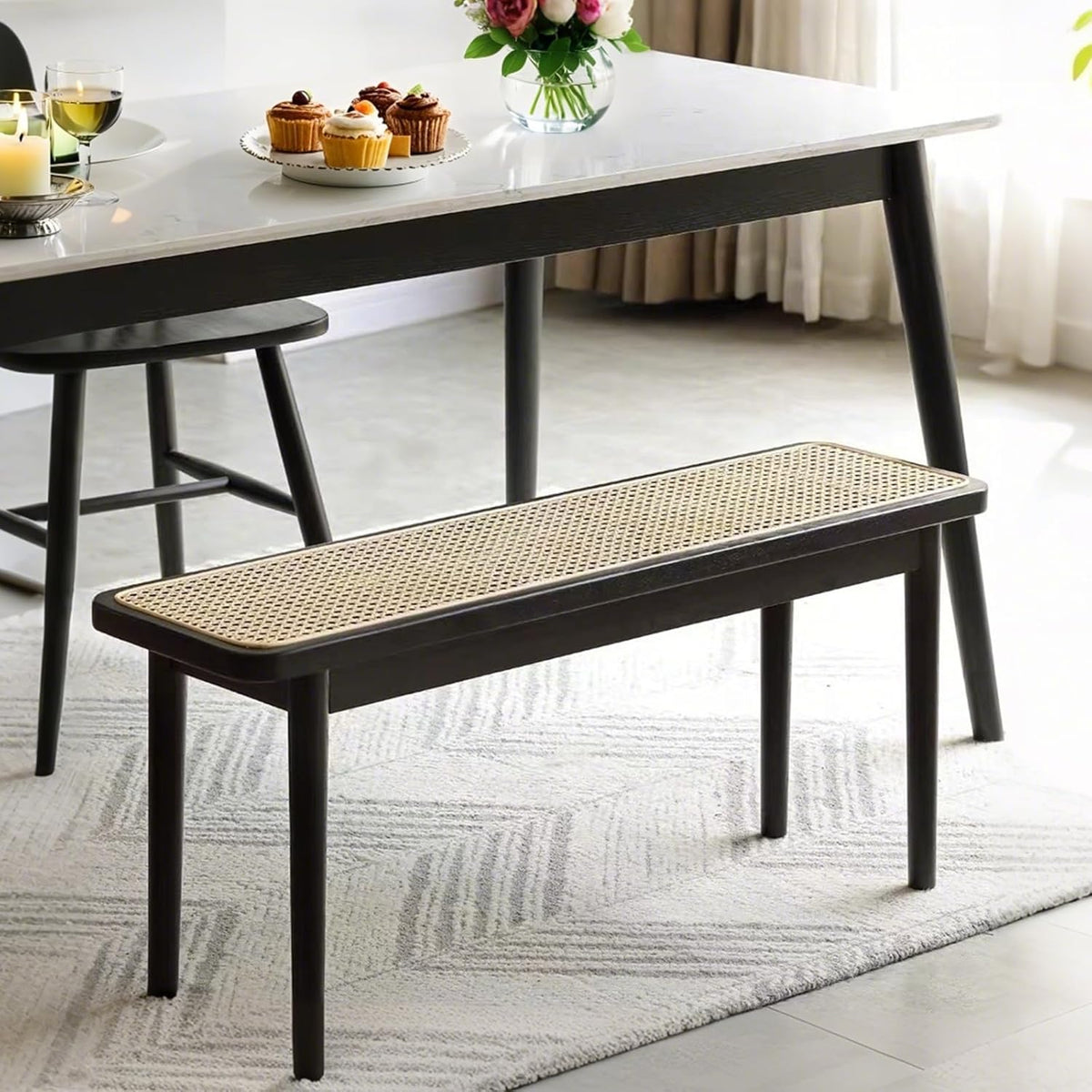 Entryway Bench, Solid Wood Kitchen Dining Bench, Mid Century Modern End of Bed Bench with Rattan Woven Top for Bedroom, Dining Room, Entry Way, 39.4" L x 11.2" W x 17.7" H, Black