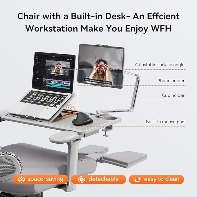 Newtral Office Chair Ergonomic - Home Office Desk Chair, Back Pain Chair with Auto-Following Lumbar Support, 4D Armrest, Seat Depth and Height Adjustable (Foot Rest + Laptop Tray, Gray)