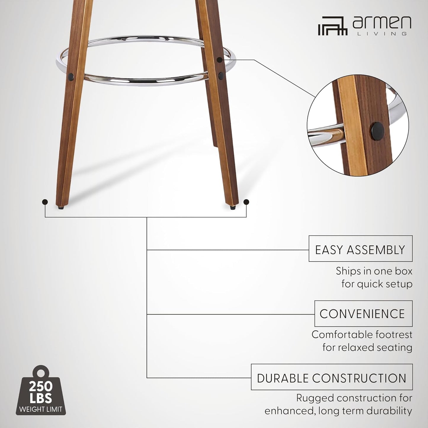 Armen Living Sonia 26" Counter Height Swivel Gray Faux Leather and Walnut Wood Bar Stool
