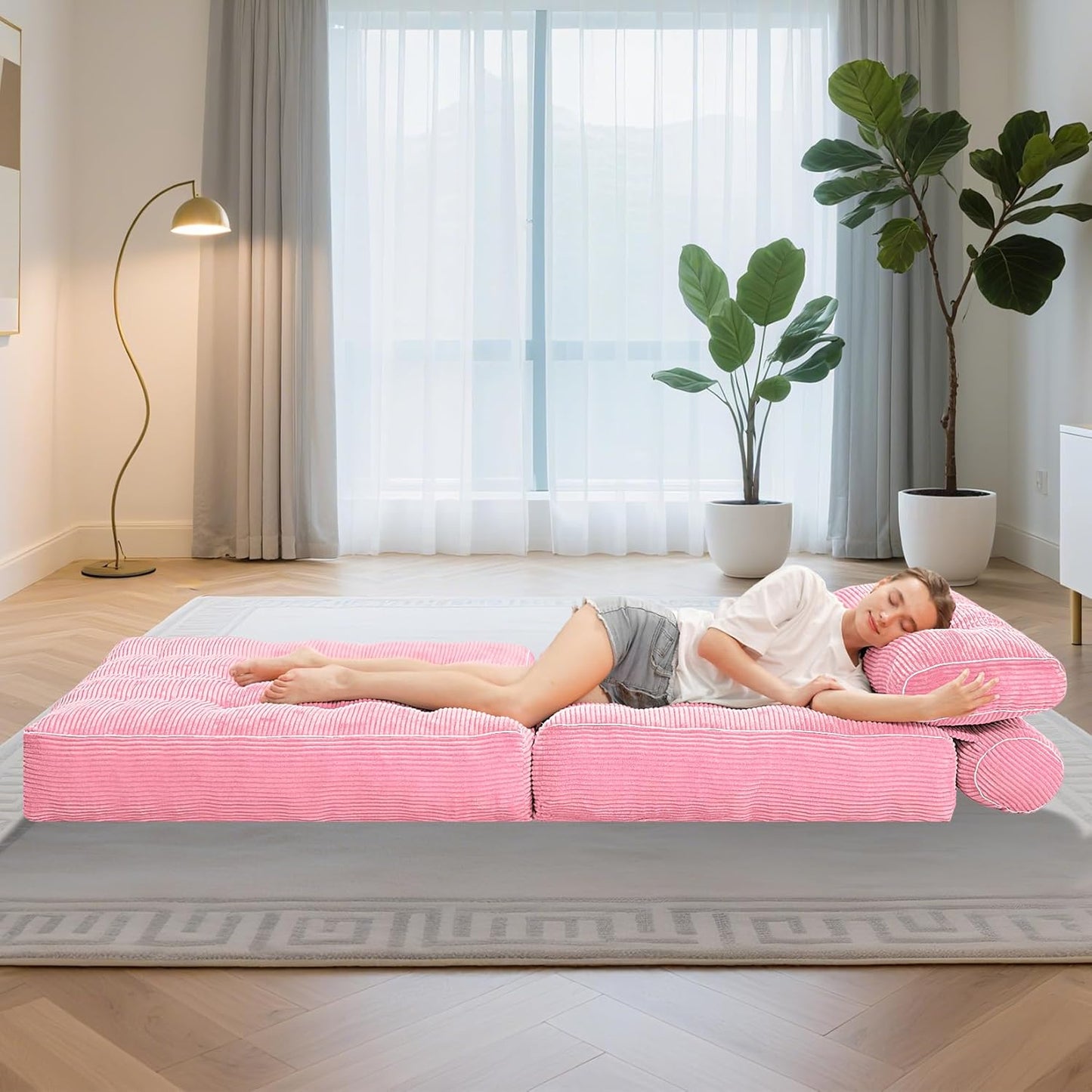 HABUTWAY Folding Sofa Bed, Convertible Sleeper Chair Bed w/Dual-Pillow & Handle, Foldable Floor Sofa Lounge w/Back Support for Living Room, Bedroom, Apartment, Office, Pink