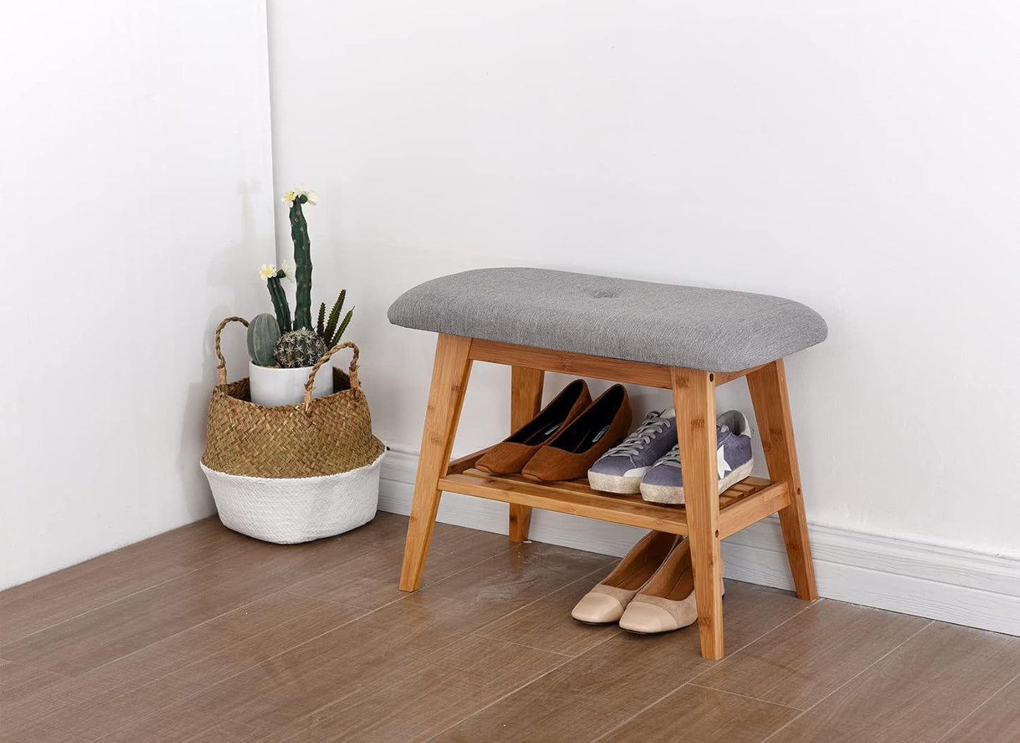 Shoe Rack Bench, Bamboo Entryway Bench, Organizer with 2 Tier Storage, Simple Style, Good Load Bearing, Ideal for Entryway Hallway Living Room,(Nature,23.6'')