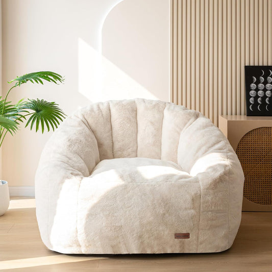 MAXYOYO Giant Bean Bag Chair, Oversized Bean Bag Couch for Adults and Kids, Faux Fur Shell-Shaped Large Chair with Filler, Stuffed Big Accent Sofa Lounge Floor Sofa for Gaming, Reading, Beige