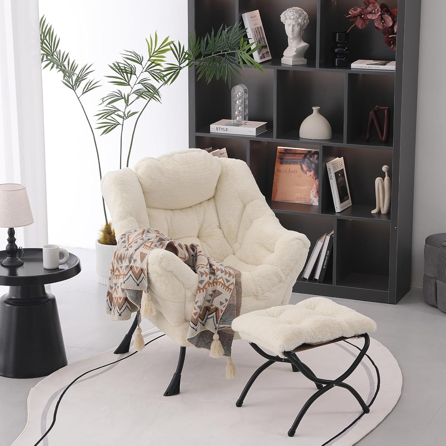 Lazy Chair with Folding Ottoman, Modern Accent Lounge Armchair with Armrests and a Side Pocket & Foldable Footstool, Leisure Reading Chair for Living Room, Bedroom, Dorm & Office, Plush Beige