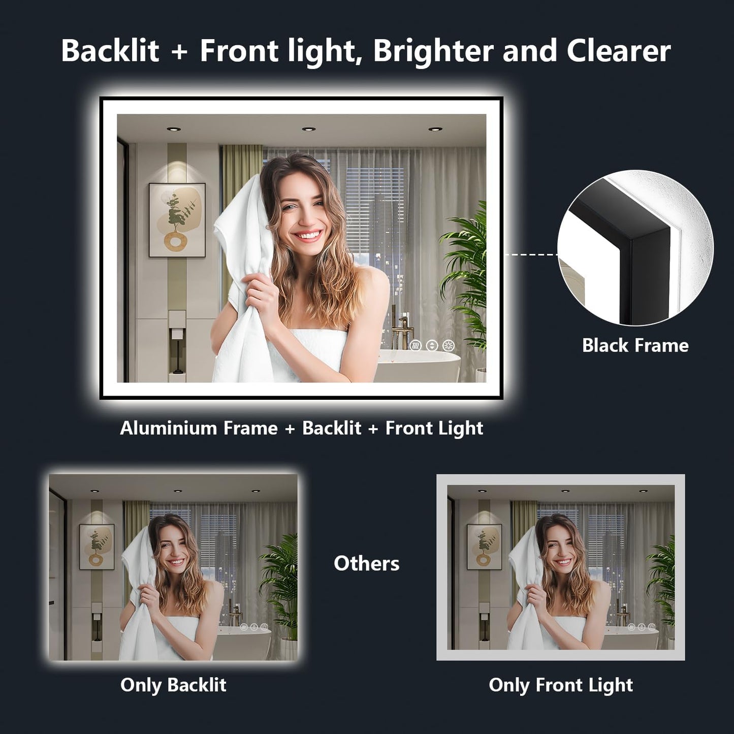 55x40 Inch LED Bathroom Mirror with Lights (Front Lit and Backlit) Black Framed Lighted Vanity Mirror for Bathroom Wall Dimmable Anti-Fog Memory Tempered Glass Horizontal/Vertical