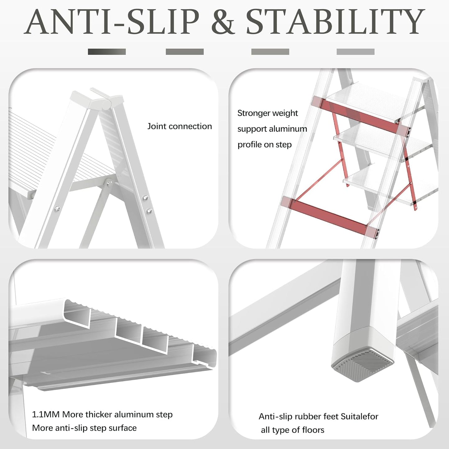 4 Step Ladder, Portable Folding, Lightweight Step Ladder with Anti-Slip Pedal, Aluminum Indoor Ladder and Closet, Kitchen, 330lbs - White