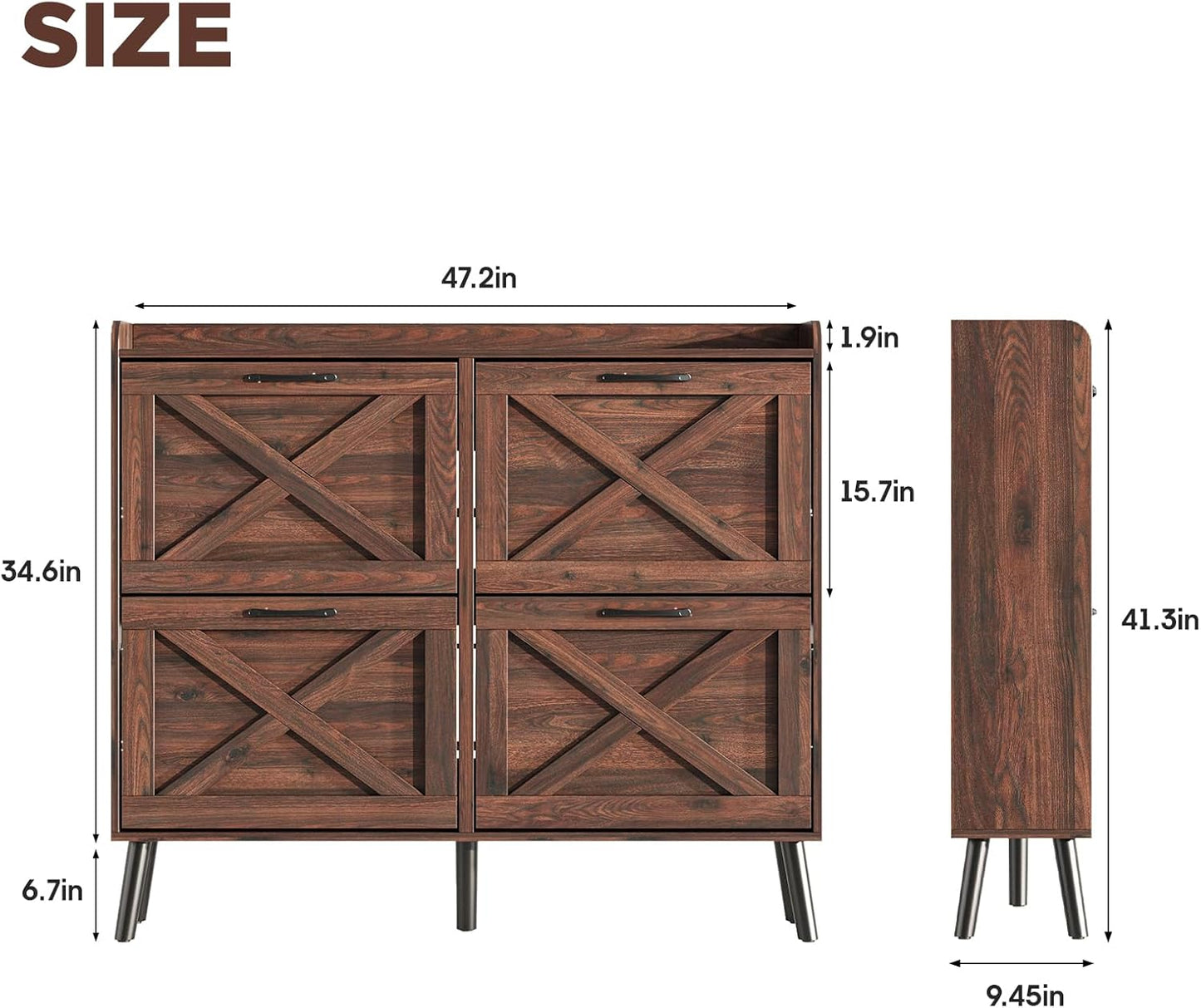 Maupvit Large Shoe Storage Cabinet with 4 Flip Drawers, Narrow Shoe Cabinet for Entryway with Wooden Legs, Freestanding Hidden Shoe Rack Organizer ＆ Metal Hinges, Walnut