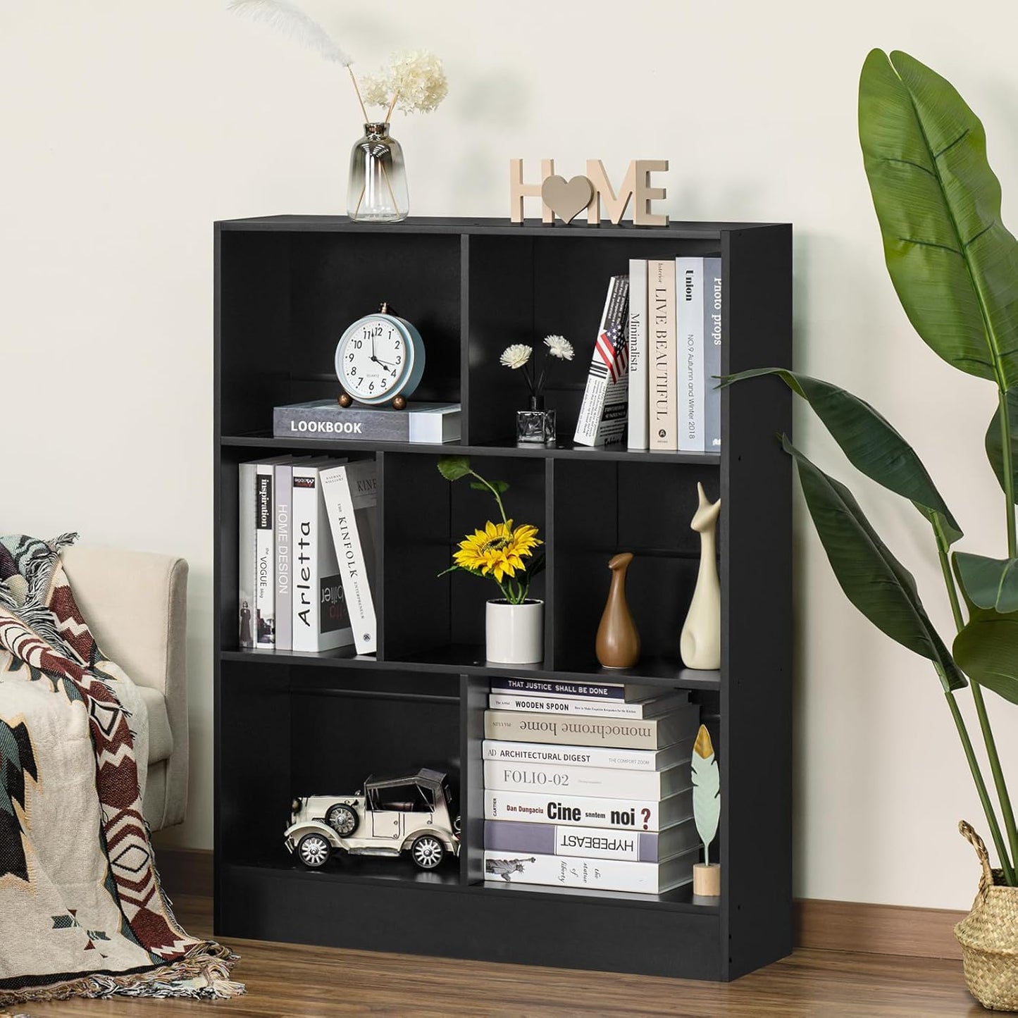 YAHARBO Black 7 Cube Bookshelf,3 Tier Modern Horizontal Bookcase,Wooden Low Book Shelf Display Storage Cabinet with Base,Floor Standing Short Bookshelves Open Organizer for Bedroom,Living Room,Office