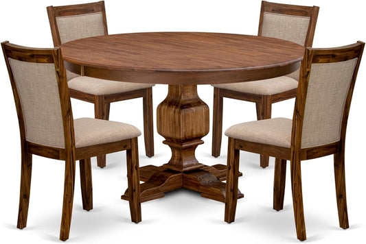 F3MZ5-50N-04 5-Pc Dining Room Set consists of a Pedestal Kitchen Table and 4 Light Tan Polyester Chairs with Padded Back - Antique Walnut