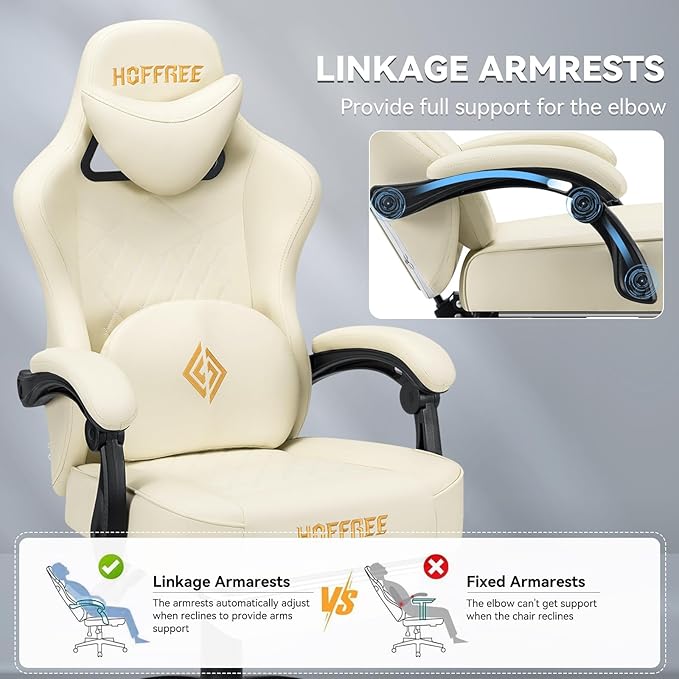 HOFFREE Gaming Chair with Speakers Massage Computer Gaming Chair with Pocket Spring Cushion for Adults Reclining Gamer Chair with Bluetooth Video Game Chairs with Footrest Ivory