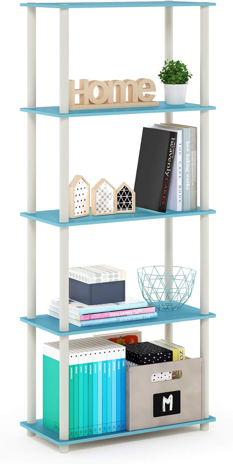 Furinno Turn-N-Tube 5-Tier Multipurpose Shelf / Display Rack / Storage Shelf / Bookshelf, Round Tubes, Light Blue/White