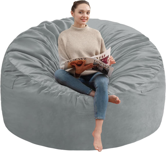 3FT Bean Bag Chair, Comfy Bean Bag Chairs with Memory Foam Filled, Fluffy Beanbag Sofa with Dutch Velvet Cover, Round BeanBag Chairs for Living Room, Playroom - Light Grey