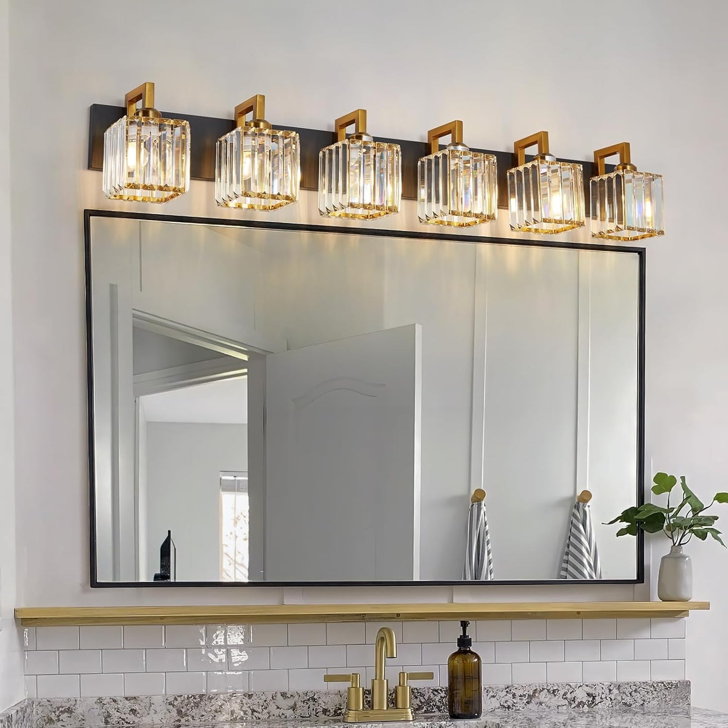 Modern Bathroom Vanity Light 6-Lights Black Gold Crystal Wall Lamp Bathroom Modern Crystal Vanity Lighting