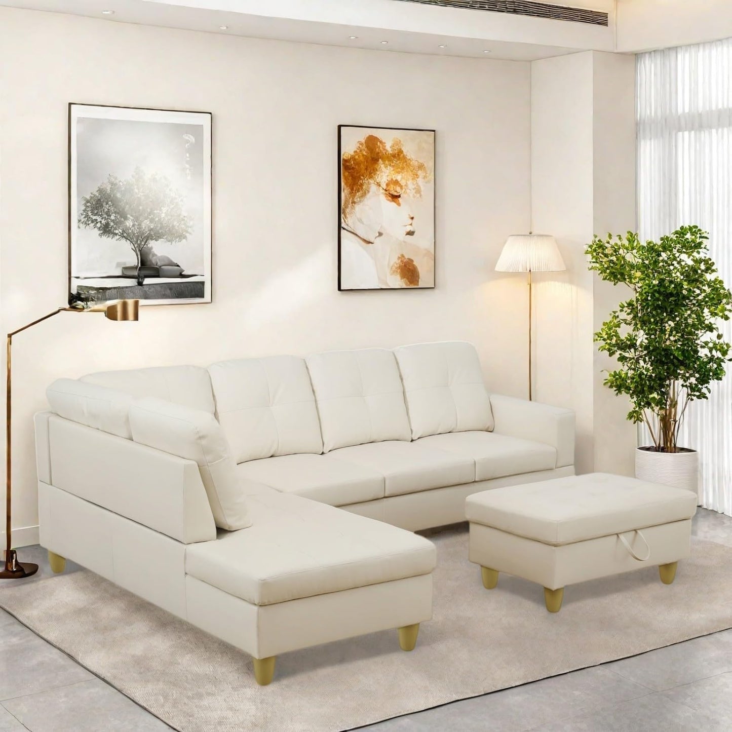 Sectional Couch with Ottoman Storage, L Shaped Sofa Furniture Sets, Modern Modular Couch Comfy Sofa for Living Room Bedroom, White
