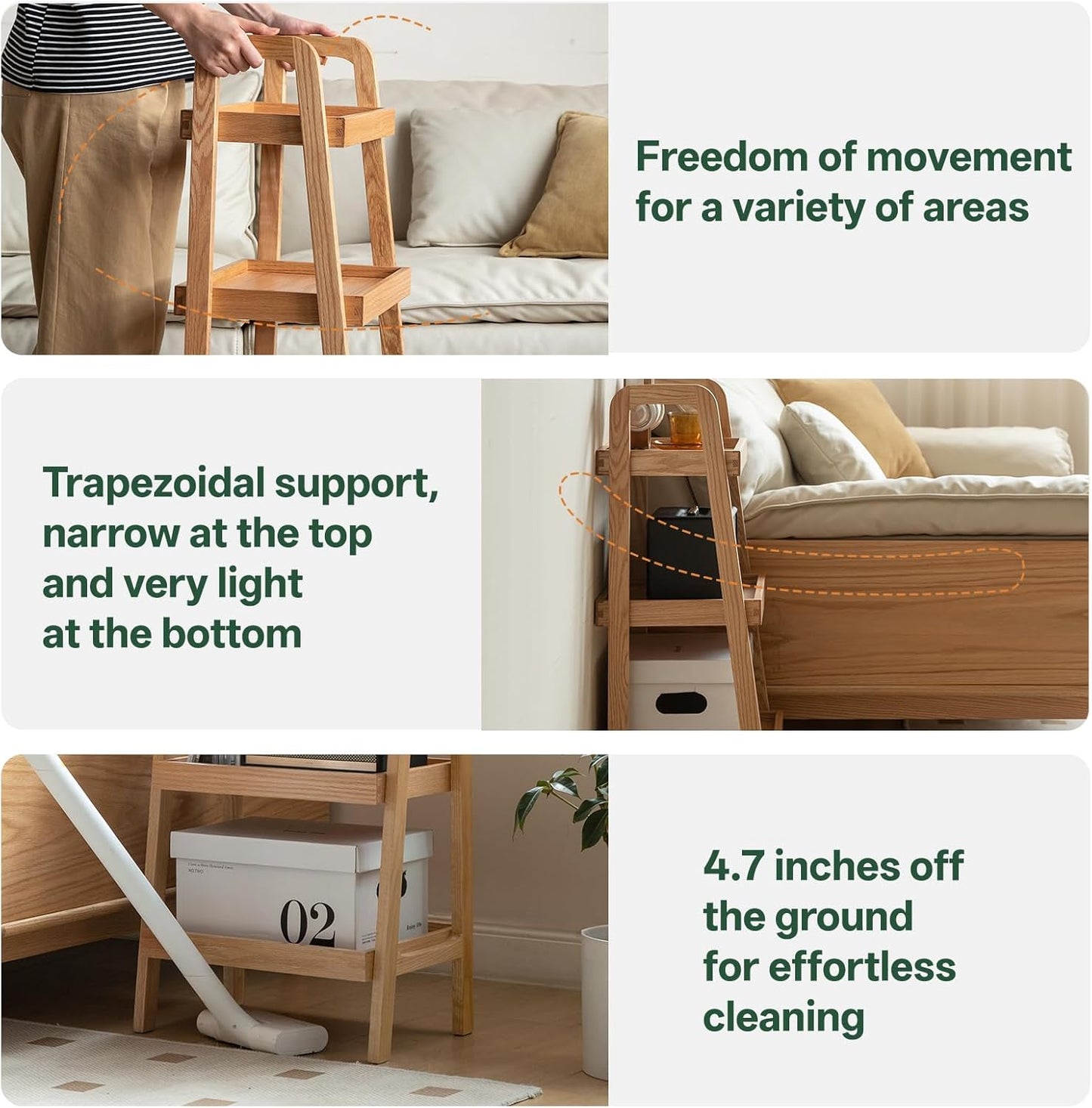 100% Solid Oak 3 Tier Ladder Shelf for Saving Space, Tall Nightstand with Stable Frame for Bedroom, Small Side Table for Living Room Office(Natural, 13.4" L x 25.6" W x 36.2" H)