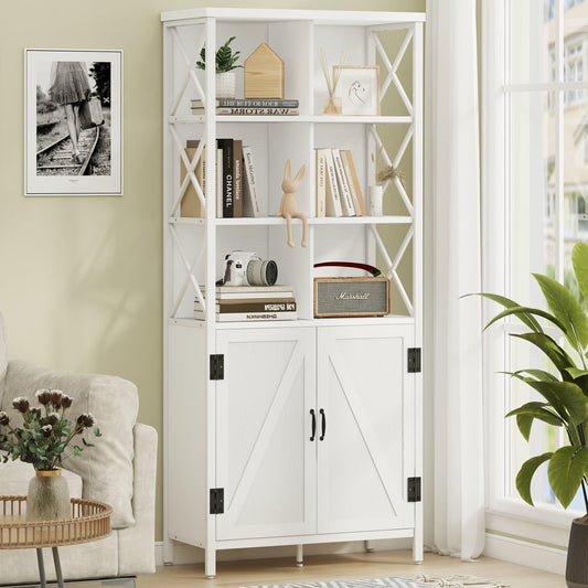 FATORRI Tall Bookshelf and Bookcase, Industrial Bookshelf with Doors, Bookcase with Storage, Cube Storage Organizer Bookshelves, Wood Book Shelf for Living Room, Home Office (White Oak, 67 Inch)