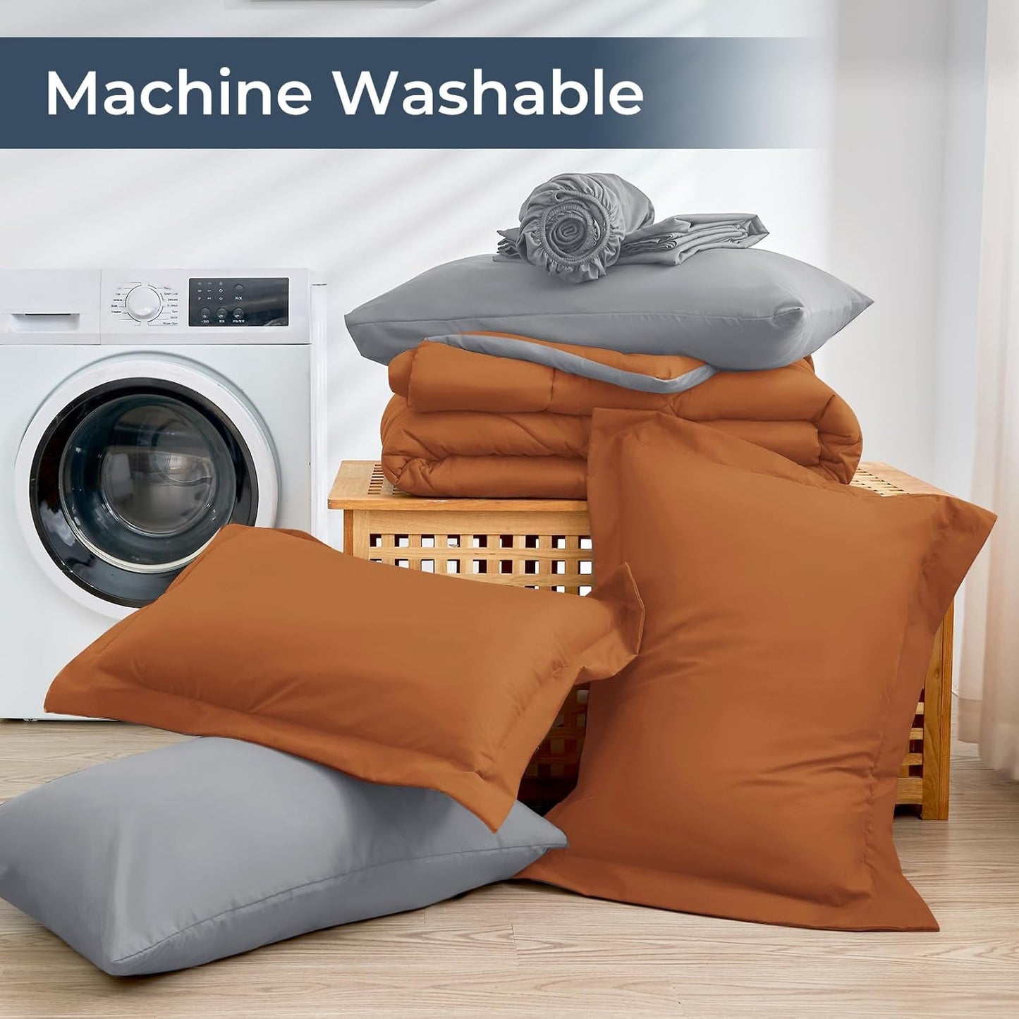 HEVUMYI Full Comforter Set - 7-Piece All Season Bed in a Bag Full, Ultra Soft Bedding Set with Comforter, Flat Sheet, Fitted Sheet, Pillowcases, Pillow Shams, Orange & Light Grey