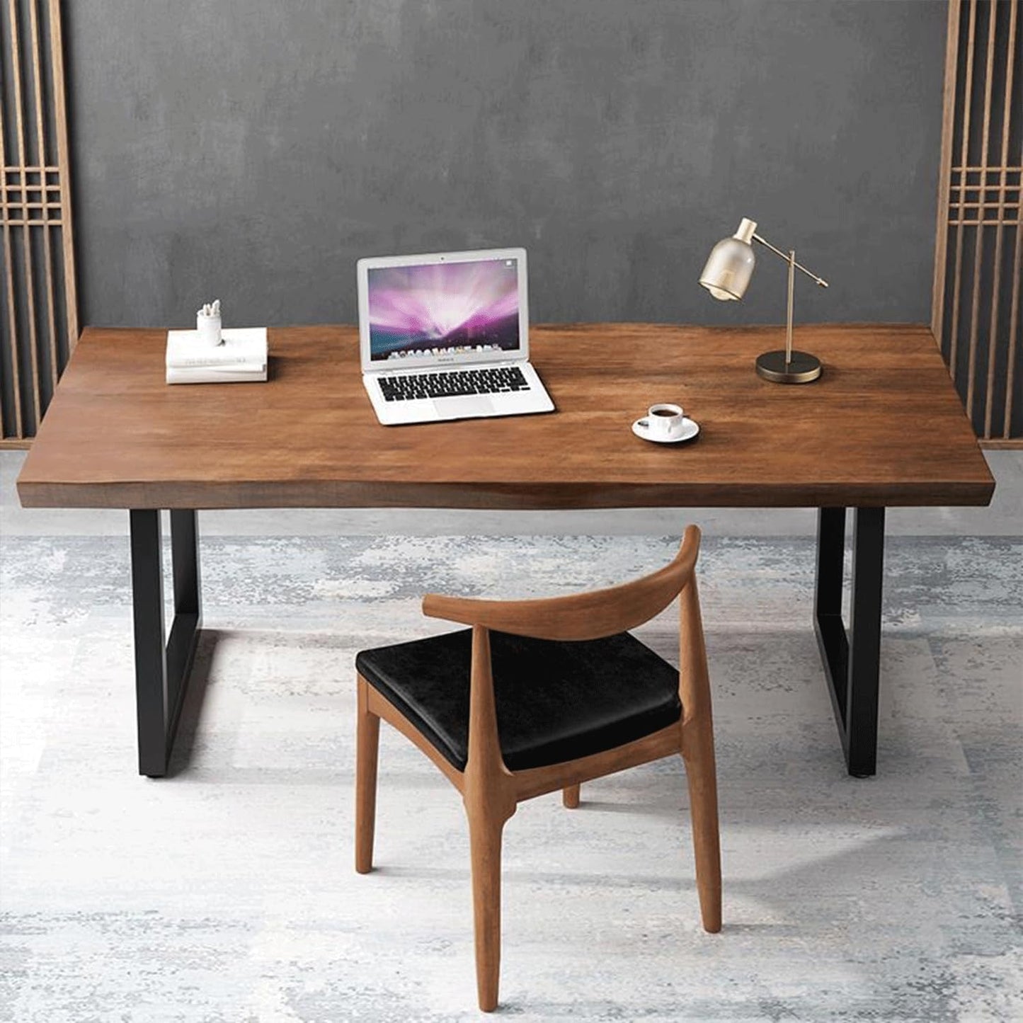 Modern Minimalist Solid Wood Office Desk with Metal Base Easy to Assemble Durable Writing Table Dining Table Computer Desk Multiple Ideal for Living Room and Dining Room (63inch)