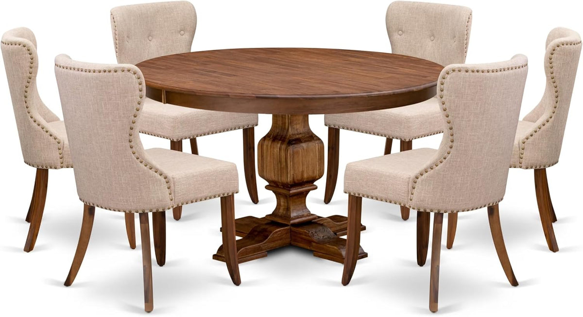 F3SI7-50N-04 7-Pc Kitchen Table Set consists of a Pedestal Table and 6 Light Tan Polyester Padded Chairs with Button Tufted- Antique Walnut