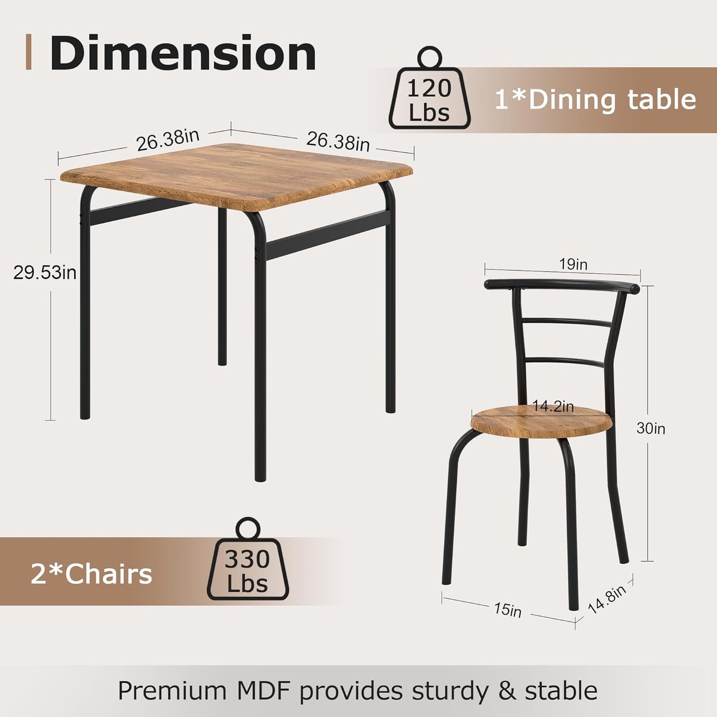VECELO 3 Piece Dining Table & Chairs Set for 2, Metal and Wooden Square Kitchen Dinette Set for Small Space, Breakfast Nook, Saving Space, Brown