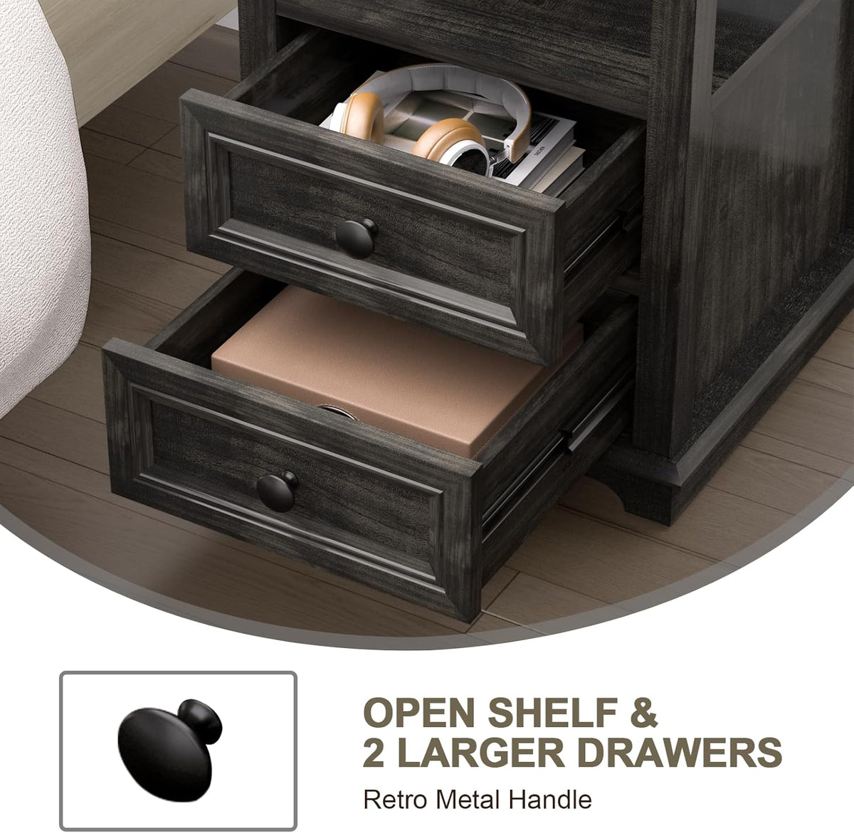 End Table with Fast USB C Charging Station,18" Wide Sofa Side Table with 2 Drawers, Large Storage Rustic Wood Square Storage Cabinet for Living Room, Bedroom, Office, Black