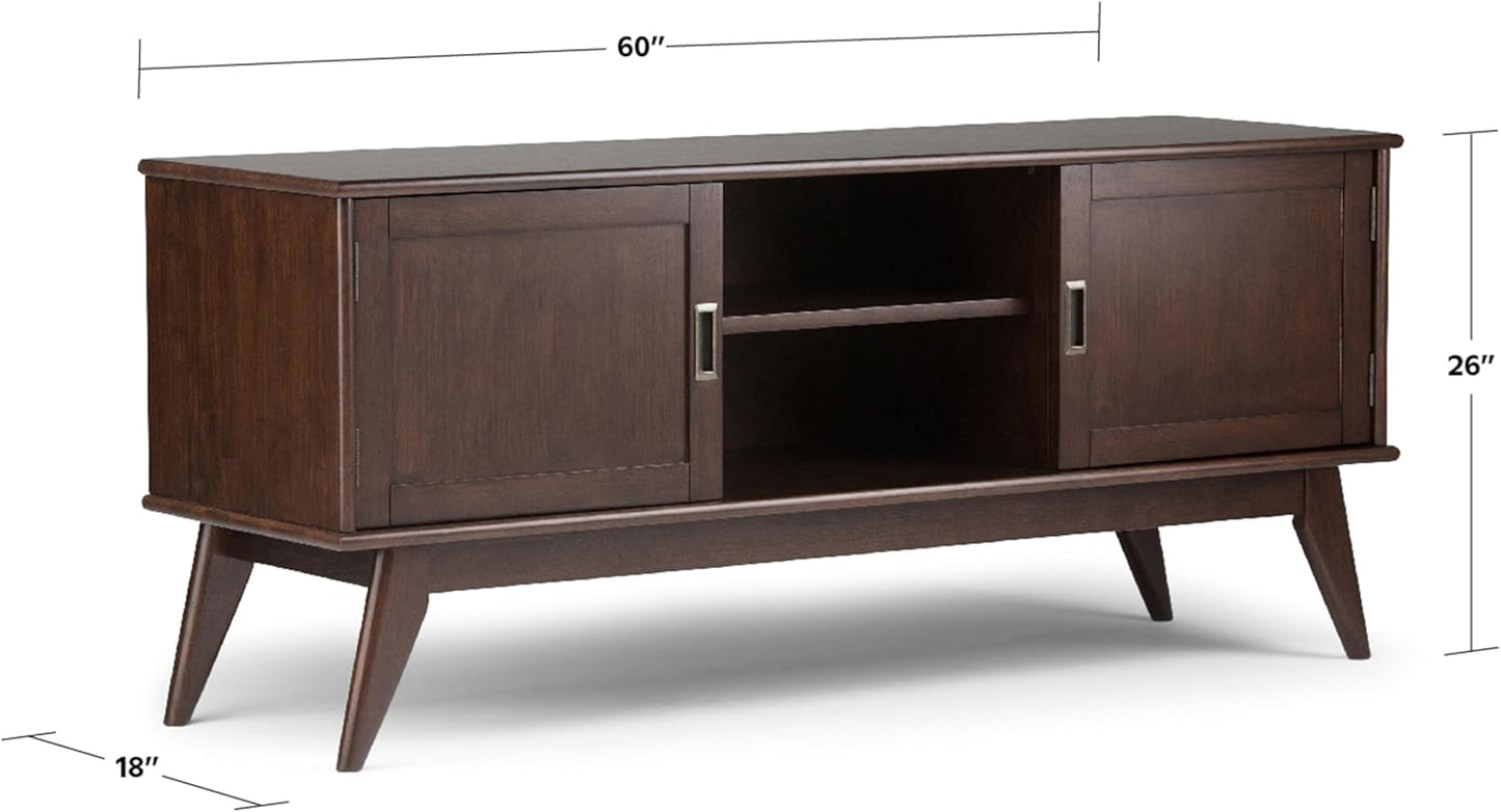SIMPLIHOME Draper SOLID HARDWOOD 60 inch Wide Mid Century Modern TV Media Stand in Medium Auburn Brown For TVs up to 65 inches for the Living Room and Entertainment Center