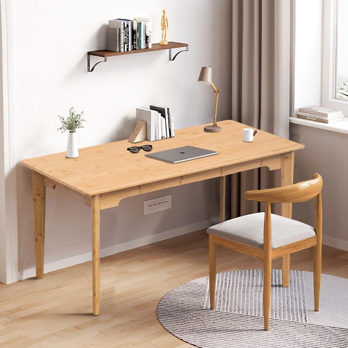 DOUSY- Bamboo Writing Desk Writing Computer Desk Study Desk Home Office Desk Writing Table, Modern Furniture Study 47" Solid Bamboo Multipurpose Table, for Living Room, Bedroom, Natual Color