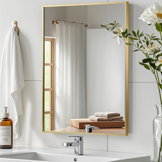Gold Bathroom Mirror, 26"x38" Rectangle Mirror, Brushed Gold Mirror, Metal Frame Square Corner Vanity Mirror, Wall Mounted Mirror for Modern, Living Room, Bedroom, Horizontal Or Vertical