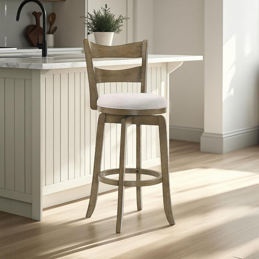 Armen Living Blair 26 in. Putty Brown Counter Height Rubberwood Swivel Barstool with Cream Fabric Seat