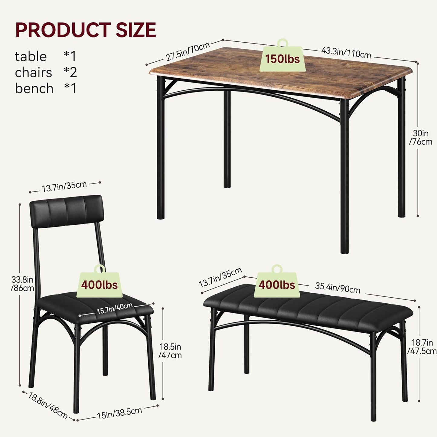 GAOMON Dining Table Set for 4 with Upholstered Bench and 2 Chairs, Rectangular Dining Room Table Set for 4 for Small Space, Apartment, Dinner, Rustic Brown