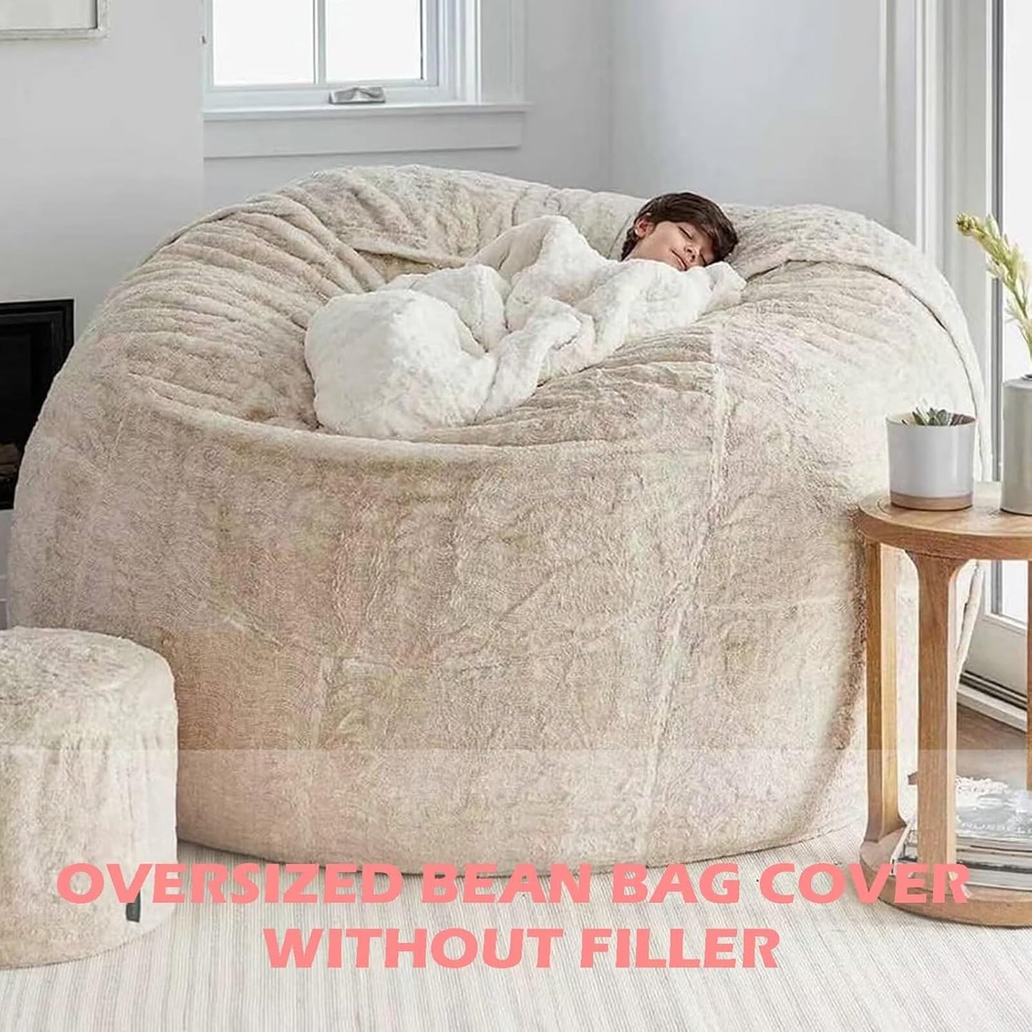 BCU 6FT Bean Bag Chair for Adults and Kids Without Filler Giant Stuffed Animal Storage Cover Soft Faux Fur Floor Chair Cover for Bedroom Living Room, Black