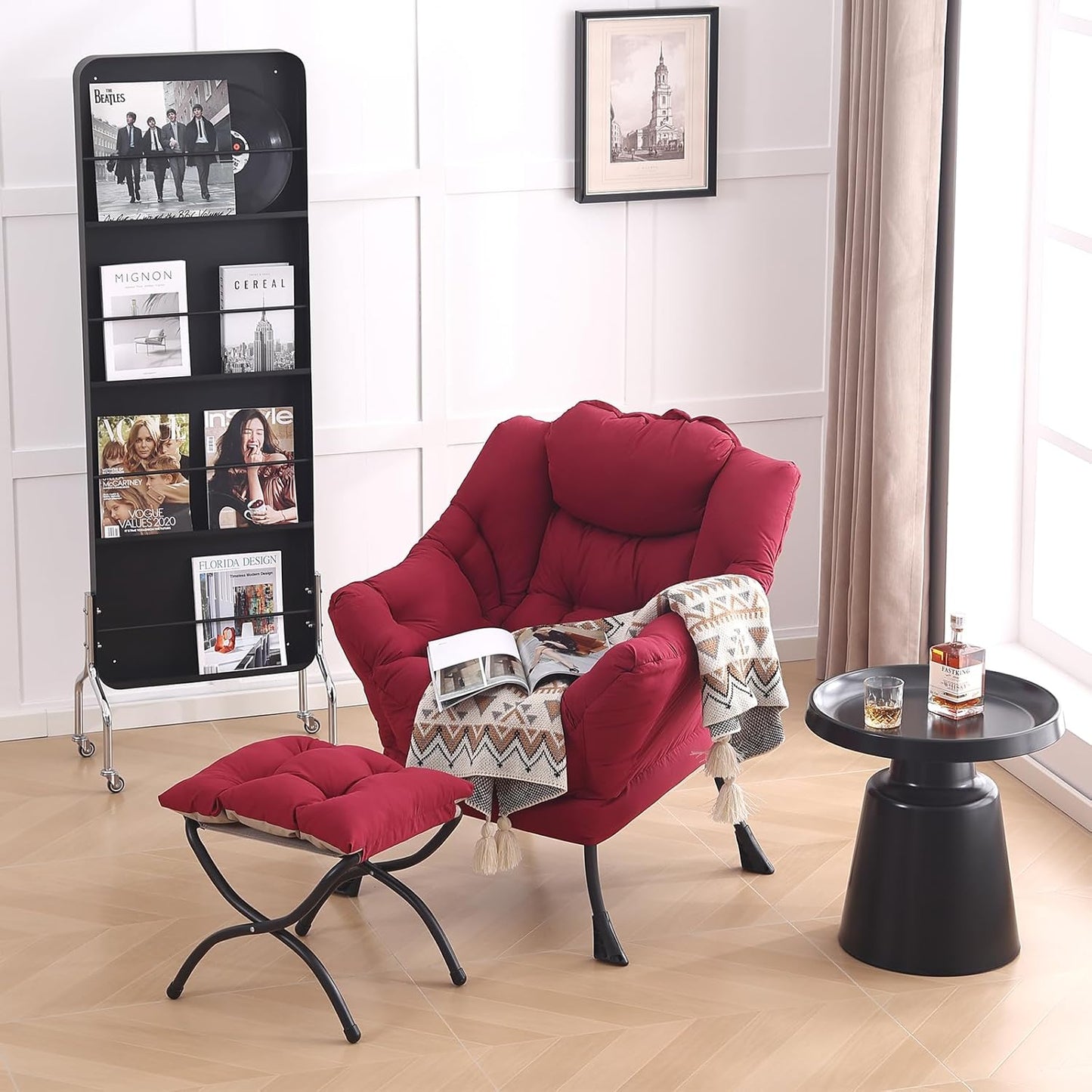 LITA Lazy Chair with Ottoman, Modern Accent Leisure Upholstered Sofa, Contemporary Lounge Reading Chair with Armrests and a Side Pocket for Living Room, Bedroom & Small Space, Burgundy