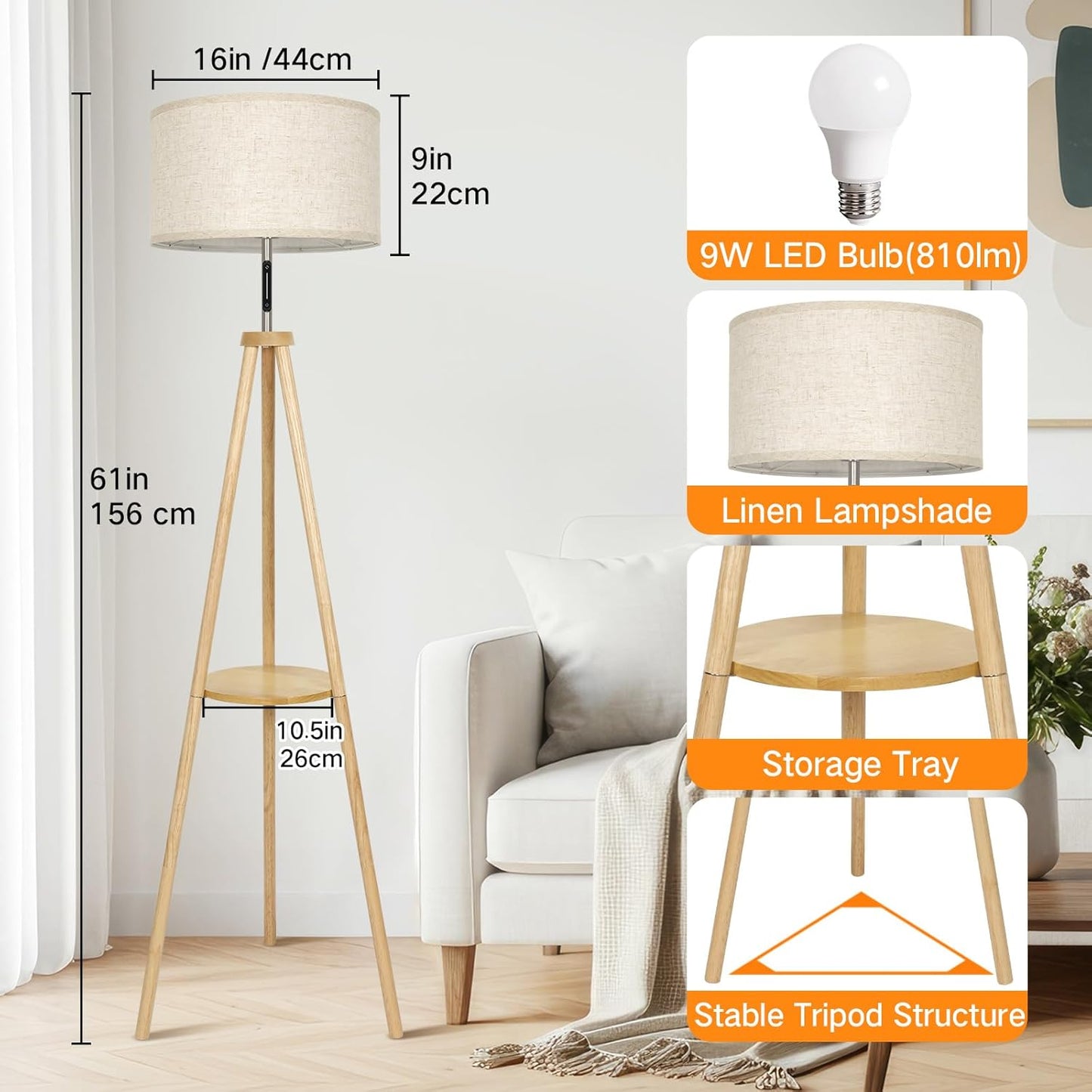 OUTON Wood Tripod Floor Lamp with Shelves, Mid Century LED Modern Dimmable Floor Lamp with Remote Control, Sturdy Tall Standing Lamp with Beige Lamp Shade for Living Room, Bedroom, Office