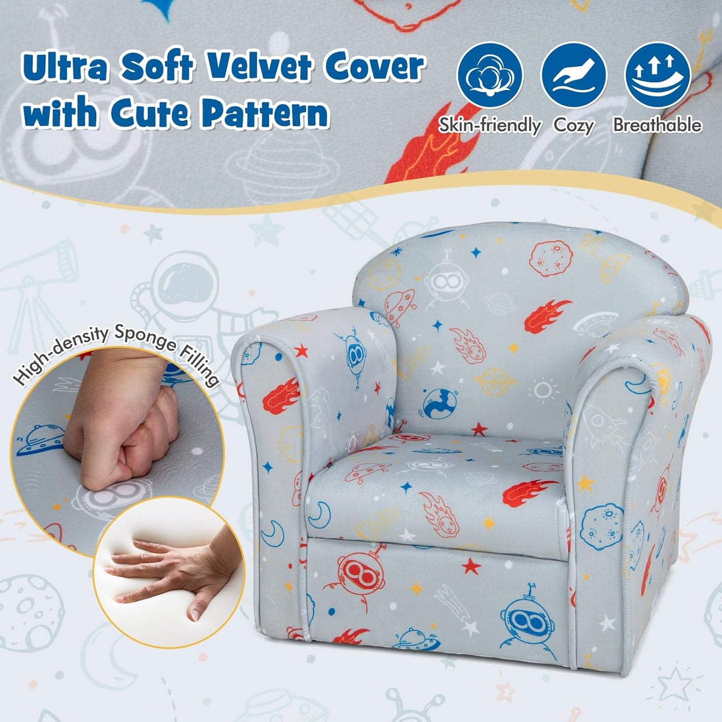 Costzon Kids Couch, Children's Sofa Armrest Chair with Pattern, Toddler Furniture w/Sturdy Wood Construction, Preschool, Lightweight Kids Couch Sofa Chair for Aged 1-5 Boys & Girls Gifts, Aliens