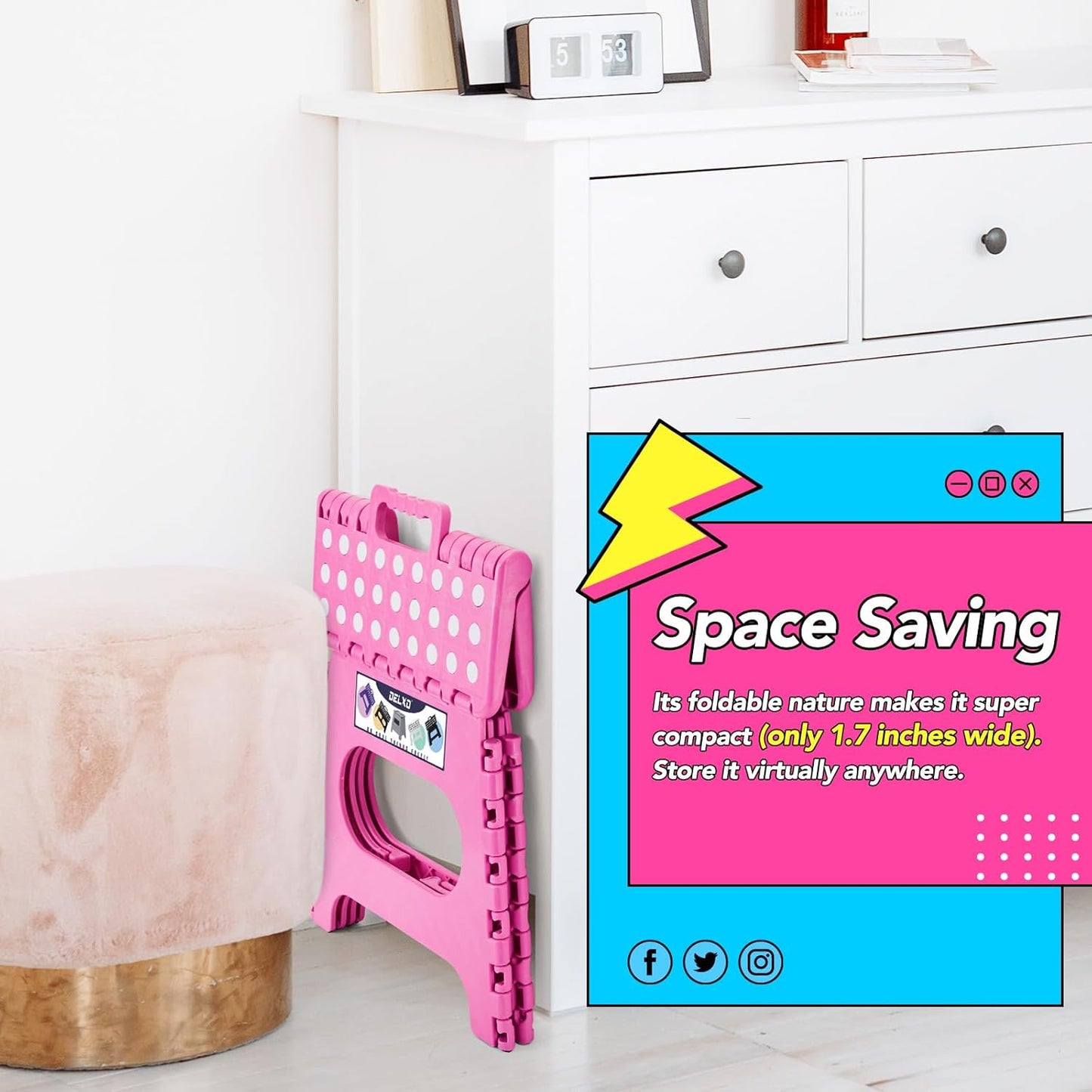 Delxo Folding Step Stool,11 Inch Non-Slip Foldable Step Stools,Portable Lightweight Small Folding Stool with Handle for Kitchen Bathroom in Pink,1 Pack