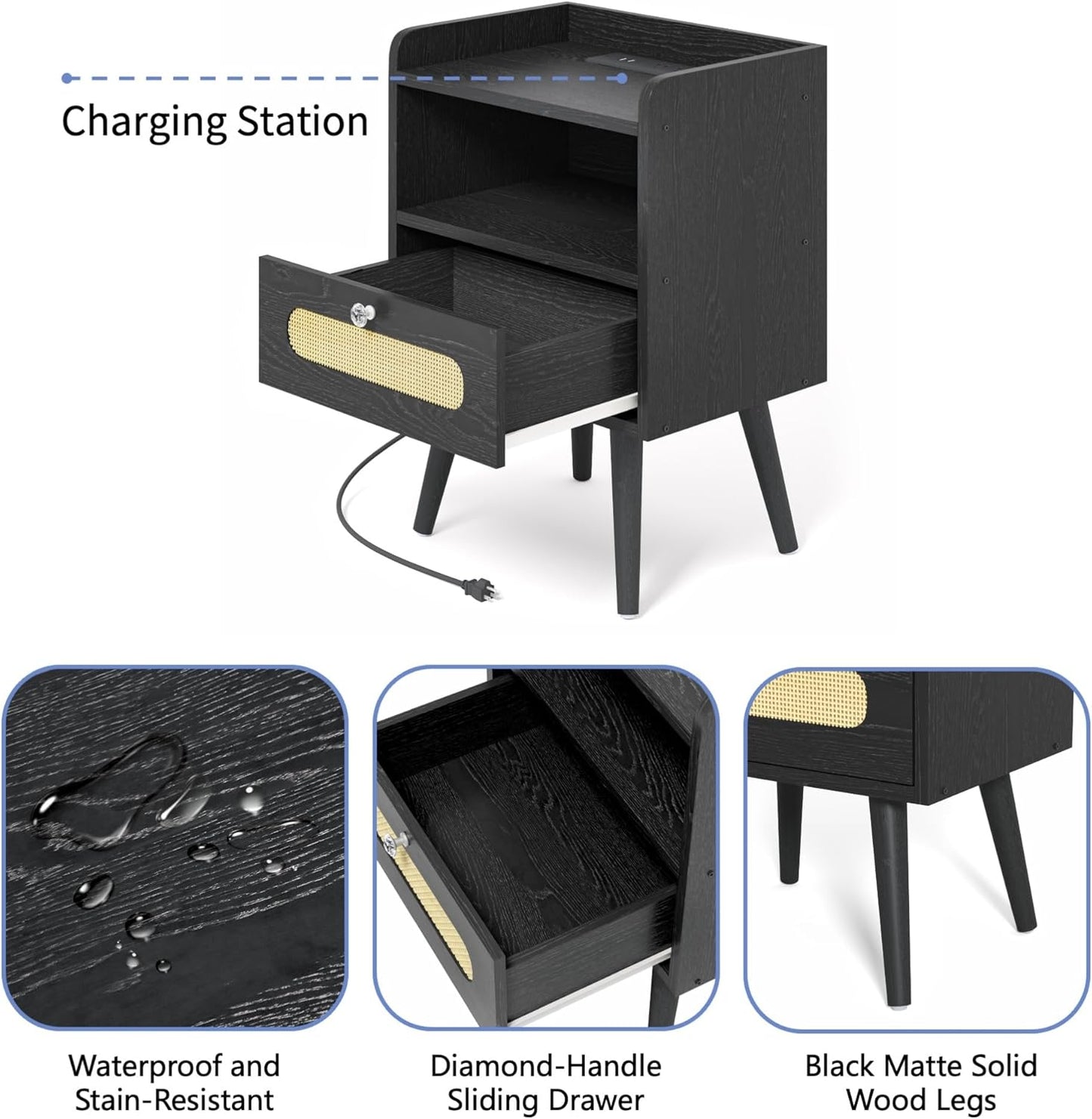 Diamond Décor End Table, Nightstand with Charging Station, Bedside Table with Solid Wood Legs, Black