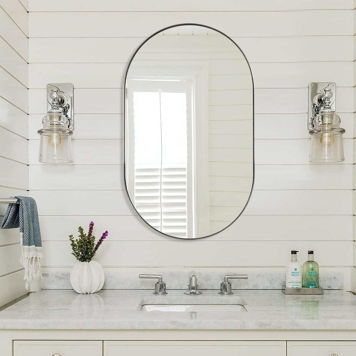 ANDY STAR Brushed Nickel Oval Bathroom Mirror, 20x33 inch Pill-Shaped Mirror for Wall HD Reflection Metal Frame Mirror for Bathroom Hang Vertical or Horizontal