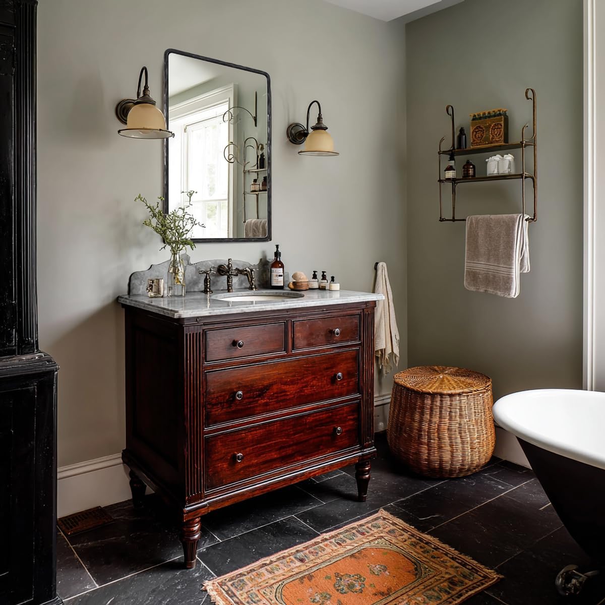 ANDY STAR Hand-Forged Black Bathroom Mirrors for Wall, 30x40 Inch Vintage Solid Steel Metal Frame Bathroom Vanity Mirror, Antique Rounded Rectangle Wall Mirror, Hangs Horizontally or Vertically