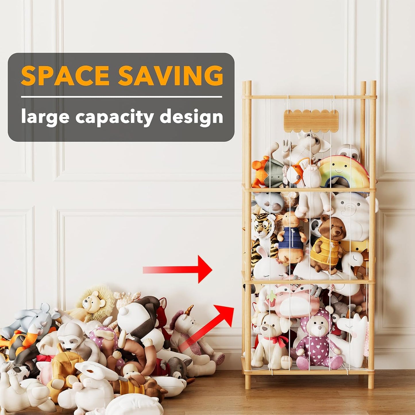 SpaceAid Stuffed Animal Storage Organizer, Wood Animals Zoo Toy Plushies Storage Holder, Large Capacity Plush Toy Cage for Playroom Organization, 22.8" Wide, Natural