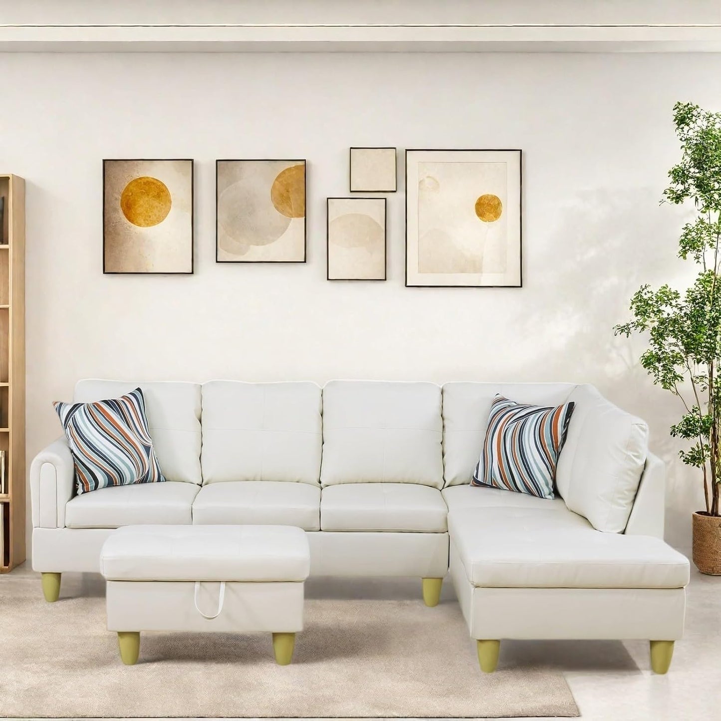 Sectional Couch with Ottoman Storage, L Shaped Sofa Furniture Sets, Modern Modular Comfy Sofa for Living Room Bedroom, White