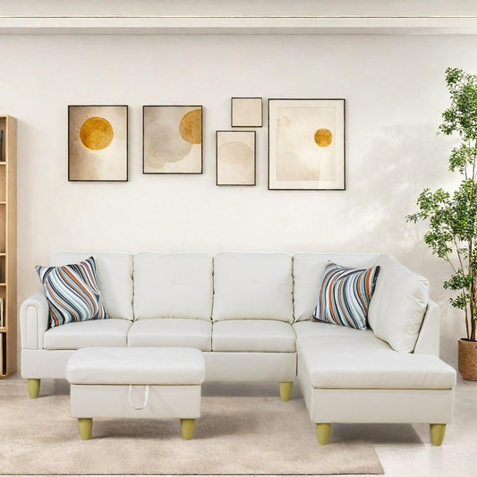 Sectional Couch with Ottoman Storage, L Shaped Sofa Furniture Sets, Modern Modular Comfy Sofa for Living Room Bedroom, White