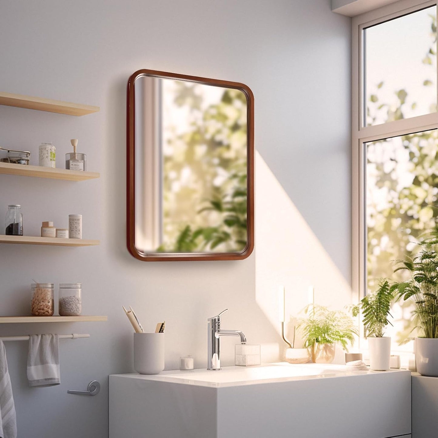 WallBeyond 18x24 Inch Wood Mirror for Bathroom, Wooden Frame Wall Mirror Farmhouse Wall Mounted Rectangle Mirror for Vanity (Horizontal/Vertical Walnut Color)